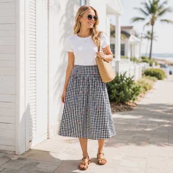 Free Assembly Dresses & Skirts - Free Assembly Womens Gingham Nautical Embroidered Midi Skirt Navy White Size 10